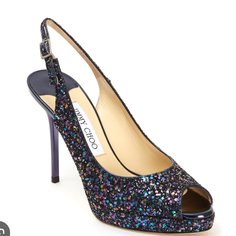 Jimmy Choo Petrol Glitter Slingback, 100mm--midnight blue, size 7